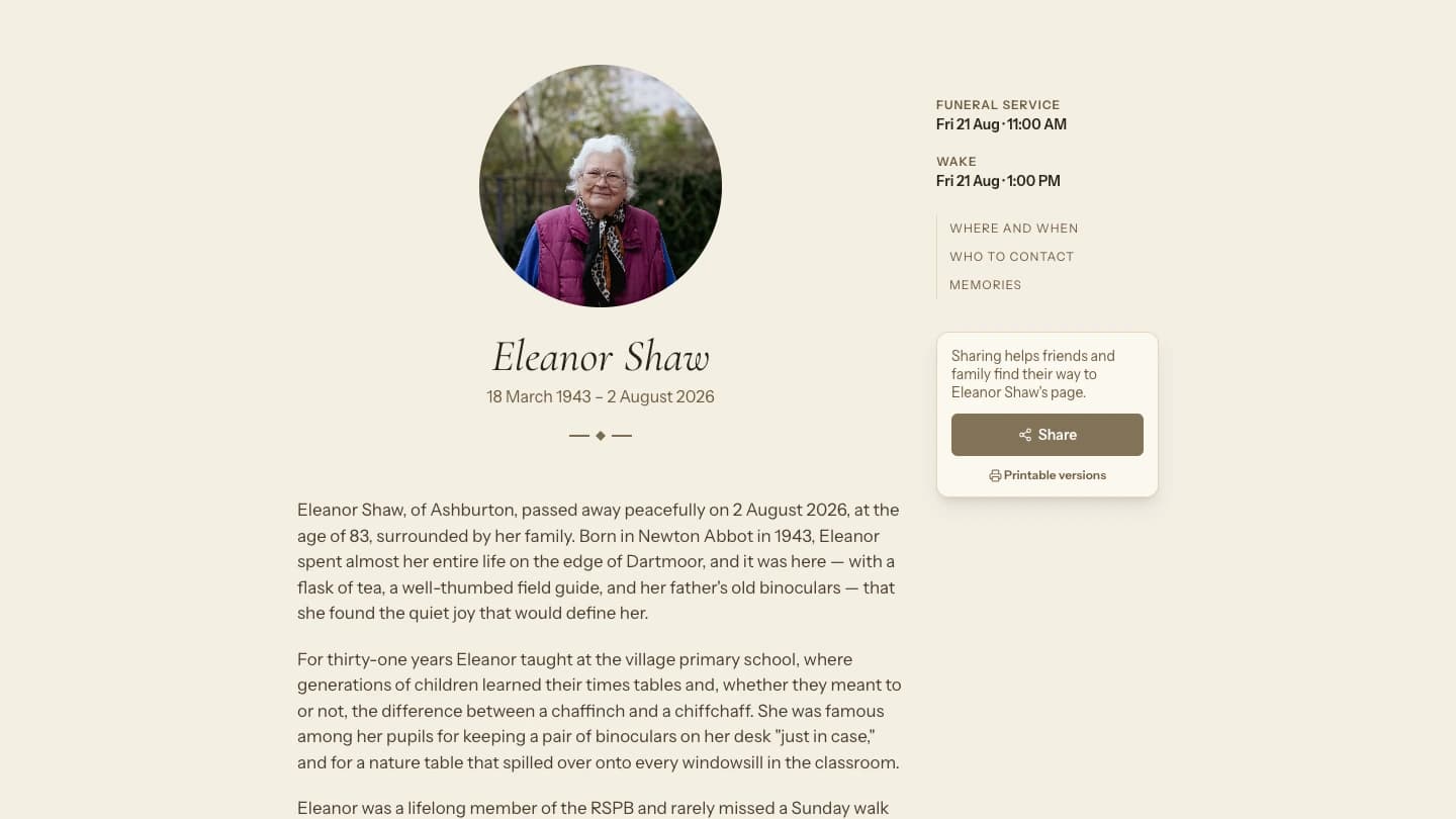 Eleanor Shaw's Farewell Website, made by her family.