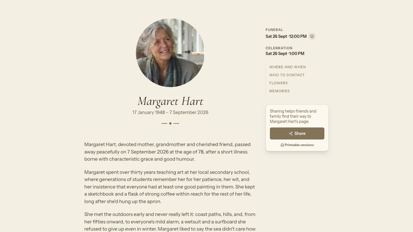 Margaret Hart's Farewell Website, made by her family.