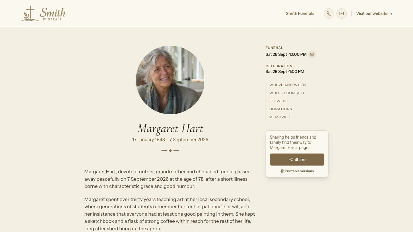Margaret Hart's Farewell Site, branded as Smith Funerals' own page.